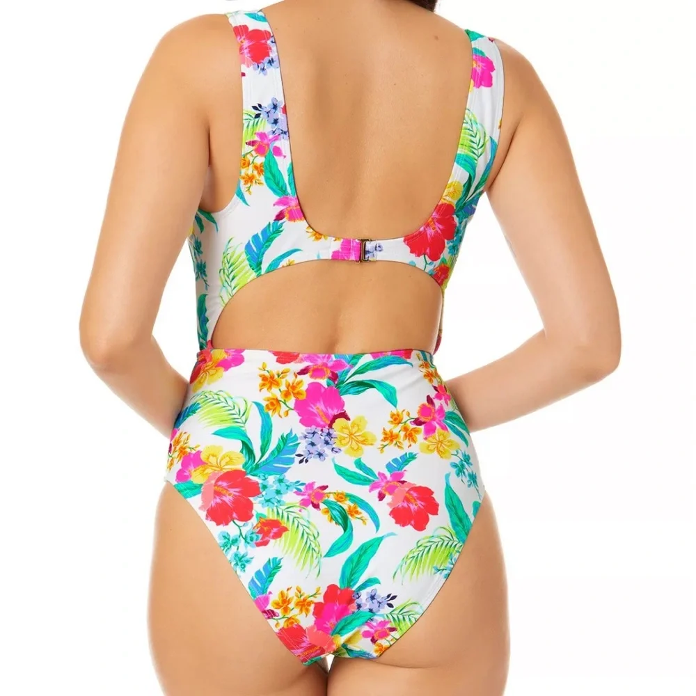 SALT + COVE Juniors' Retro Hibiscus Knot- Front One-Piece Swimsuit